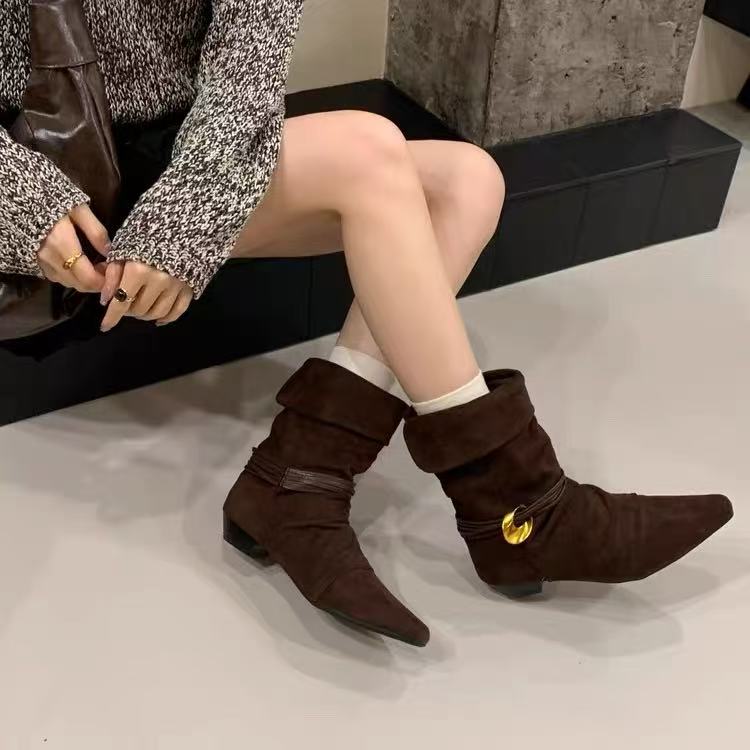 W266-5低跟尖头绒面筒马丁靴女秋季西部牛仔靴瘦瘦短靴 单里