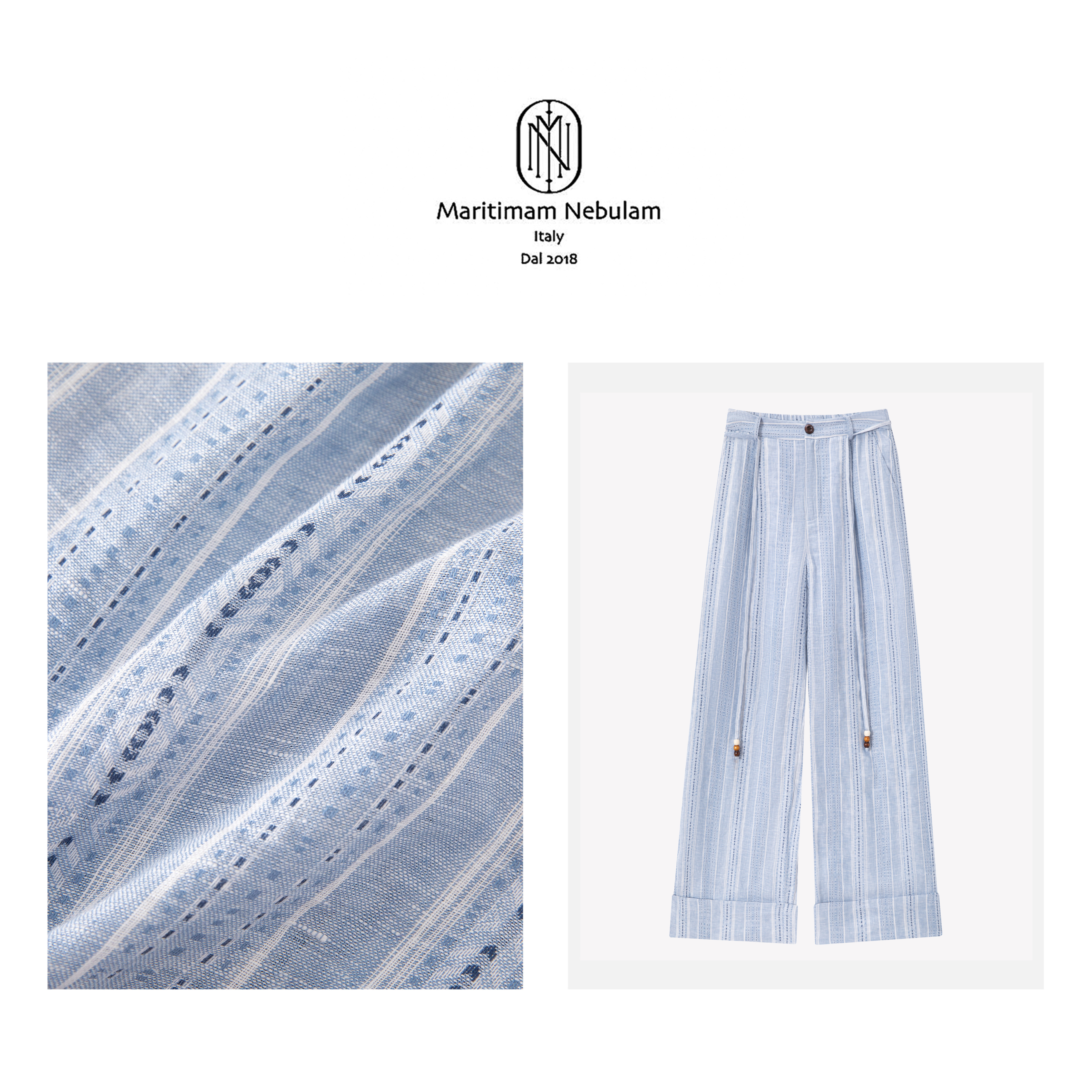 MN【蓝岛棉麻裤】亚麻提花条纹串珠腰带航海老钱风阔腿休闲裤XZ697