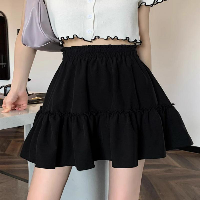 短裙高腰O型不起球蓬蓬裙半身裙不规则春夏韩版百褶裙裙子黑色