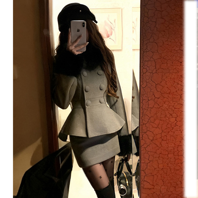【两件套】【有里布】毛领高级感重工收腰毛呢外套半裙套装DM0158