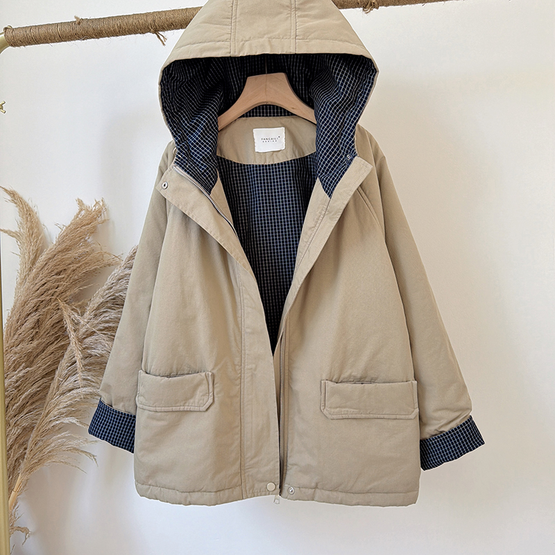【830】-冬季新款休闲加厚保暖连帽拼色格子连帽夹棉棉衣棉服外套女
