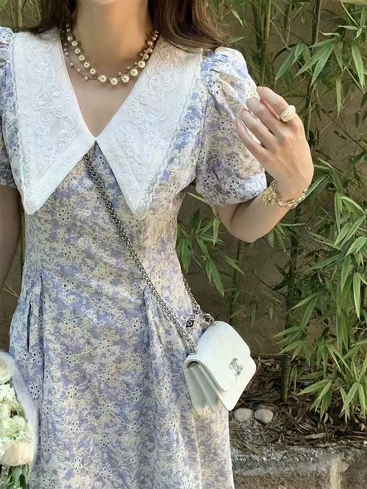 0945 GZ法式初恋茶歇裙收腰显瘦娃娃领海边度假风碎花连衣裙