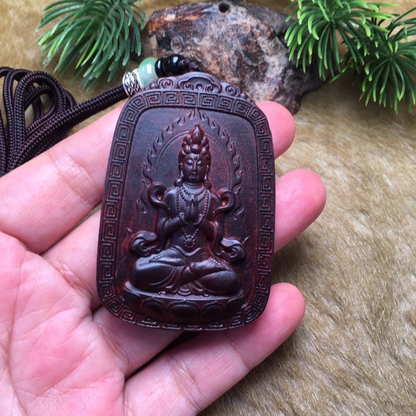 海南黄花梨木雕火焰观音项链吊坠木质精雕护身符佛牌车挂件