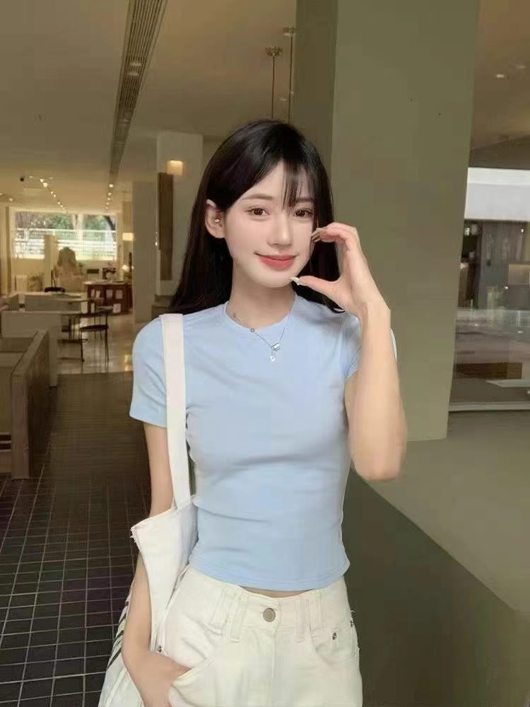 短袖染色纯色T恤黑色半领短袖打底衫显瘦小众黑色