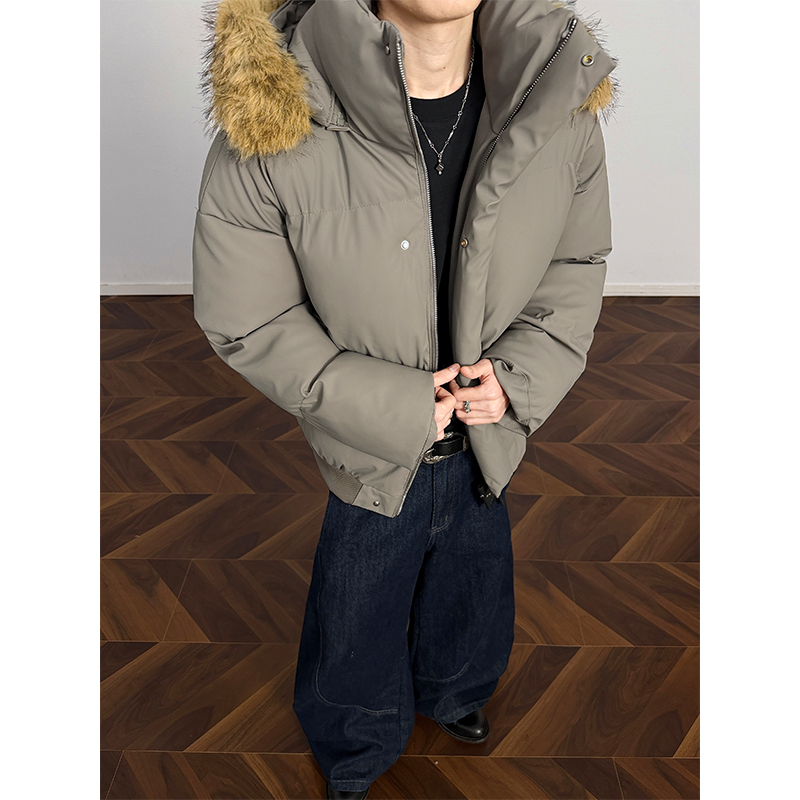 美式高街休闲保暖面包服可拆卸帽子毛领PU皮大码抗寒棉衣男外套