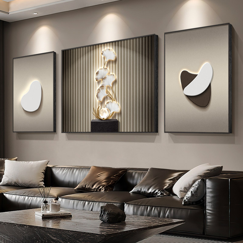 现代轻奢客厅装饰画高级感沙发背景墙画挂画高档三联组合画银杏叶