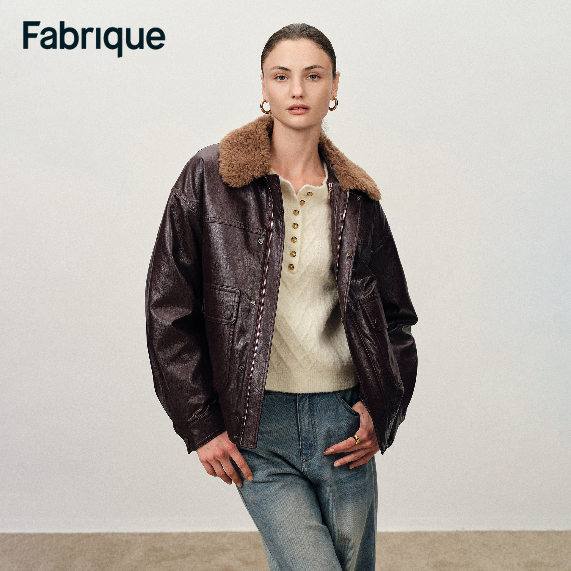 Fabrique Walter 勃艮第红可拆卸毛领与内胆环保皮夹克棉服外套