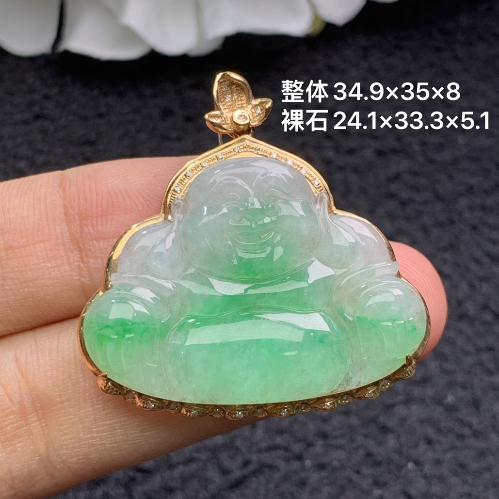 18k金镶嵌天然缅甸翡翠阳绿佛公吊坠34.9×35×8/24.1×33.3×5.1