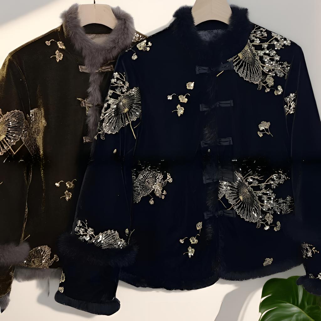 【名门丝兔】气质刺绣钉珠亮片真丝绒兔毛厚款女式时尚国风冬季外套