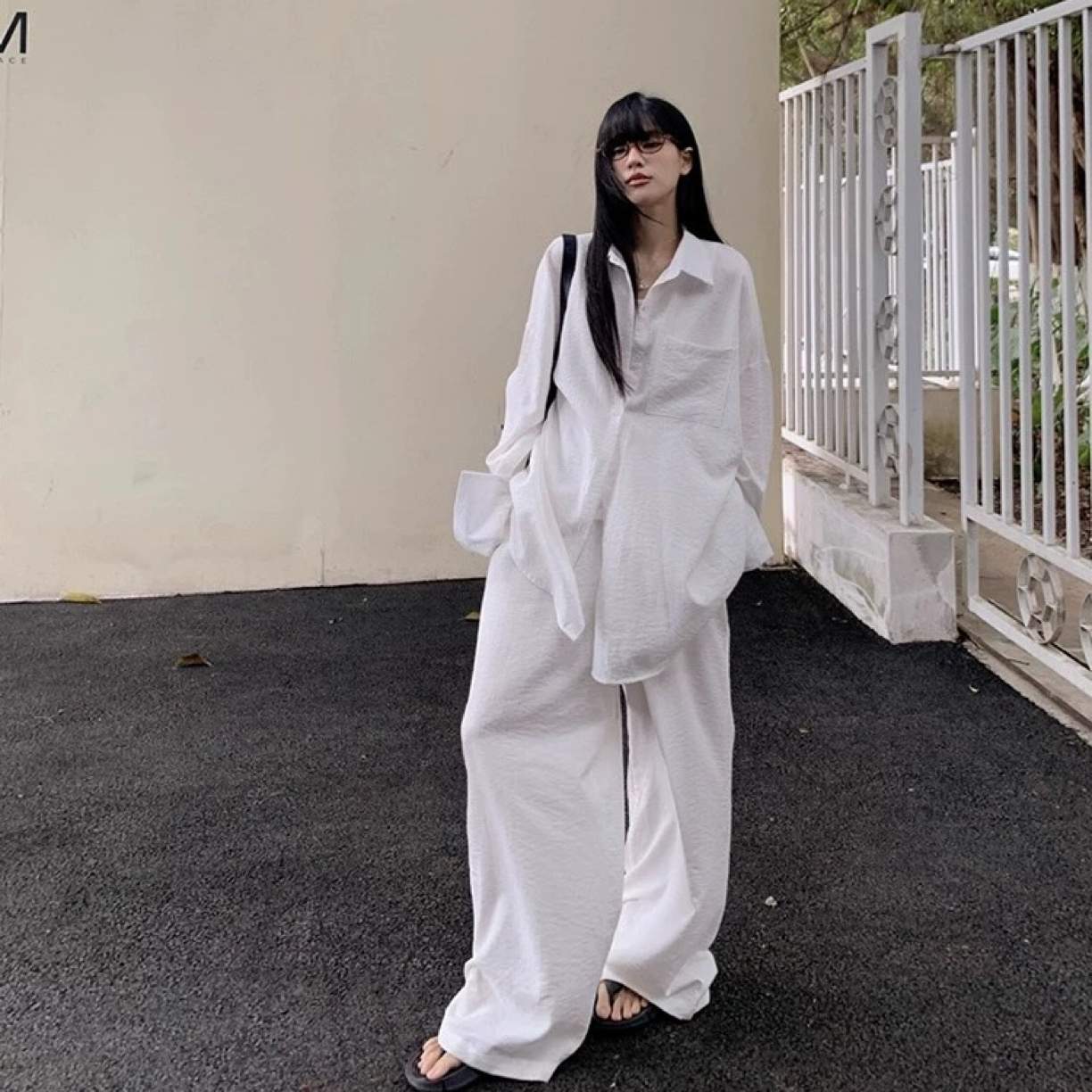 慵懒风套装女白色宽松衬衫外套上衣秋季垂感休闲裤拖地长裤两件套