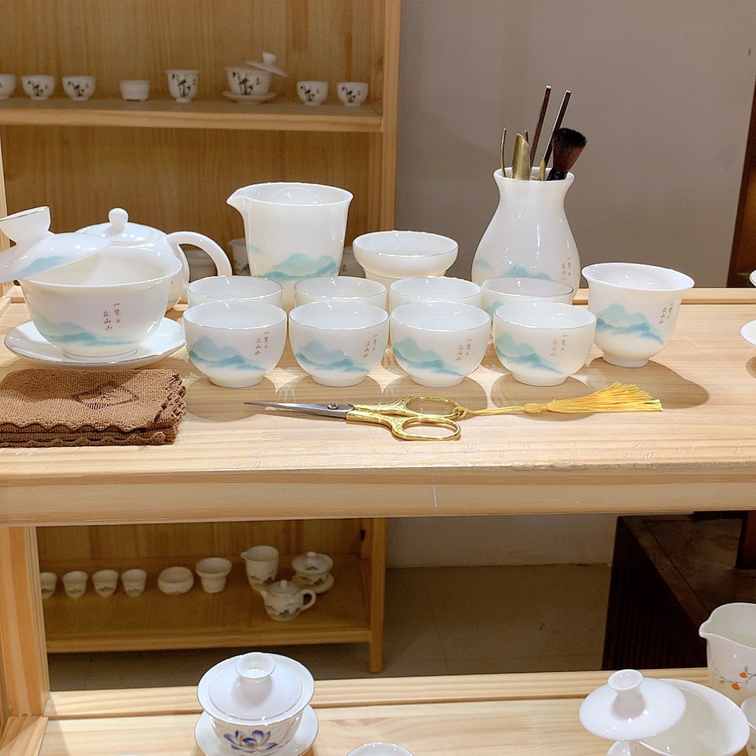 羊脂玉瓷一览众山小22件套功夫茶具