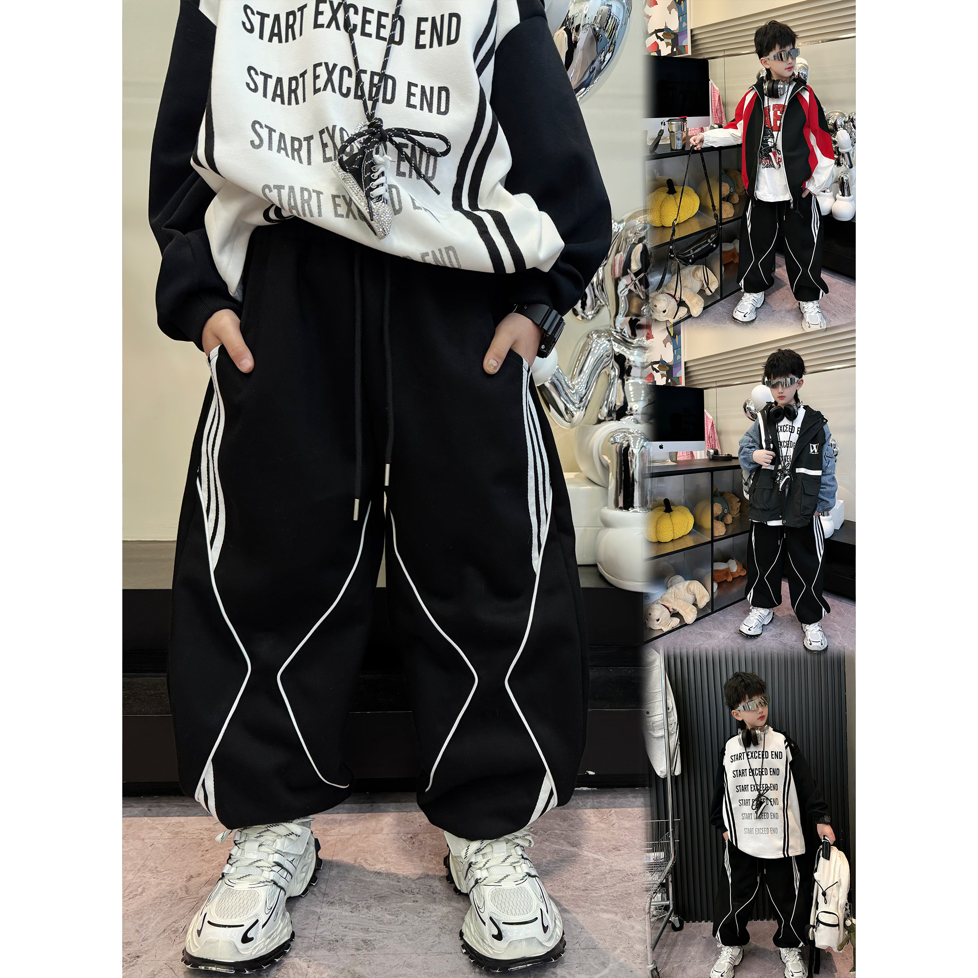 蛋蛋家【挚爱休闲裤】春季新款宽松黑色波浪纹休闲裤