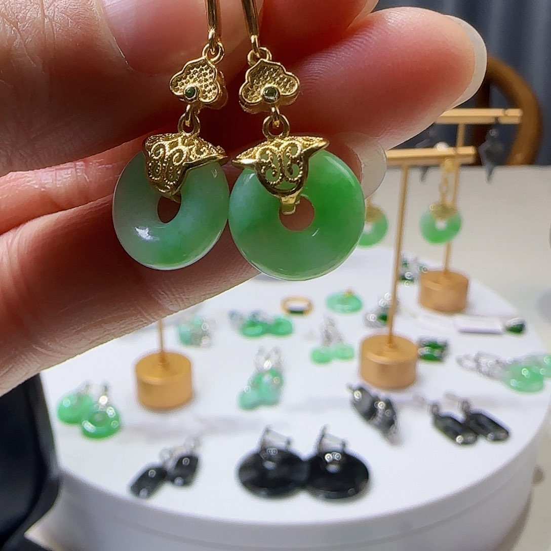 翡翠耳饰银S925镶嵌天然缅甸a货翡翠