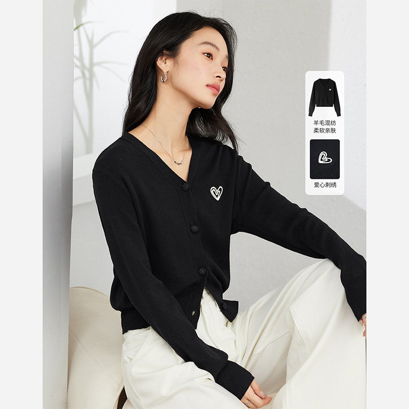 梵希蔓高级感爱心刺绣毛衣女新款百搭显瘦针织开衫上衣73303