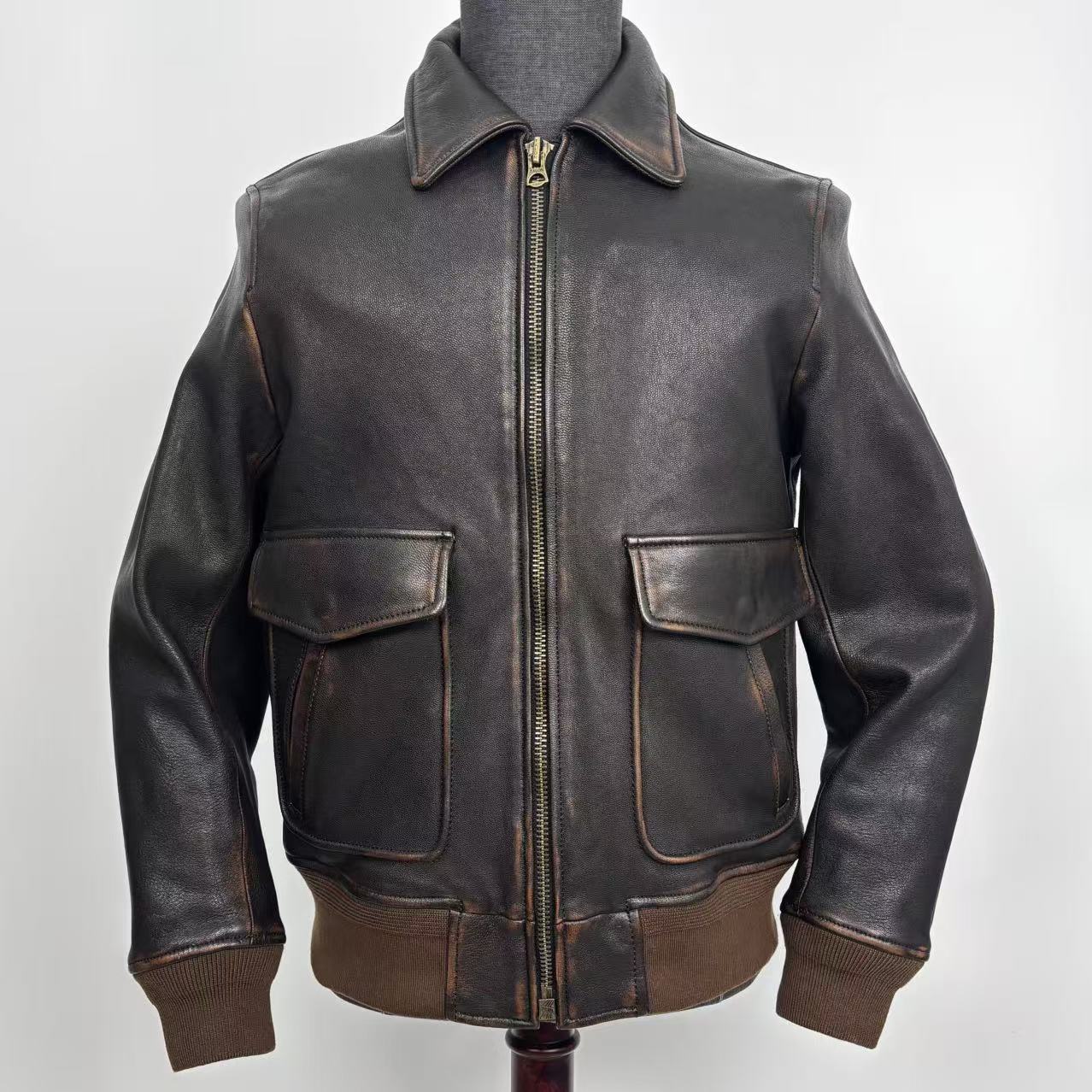 美式复古A2飞行服山羊皮真皮短款皮夹克外套阿美咔叽风皮衣男