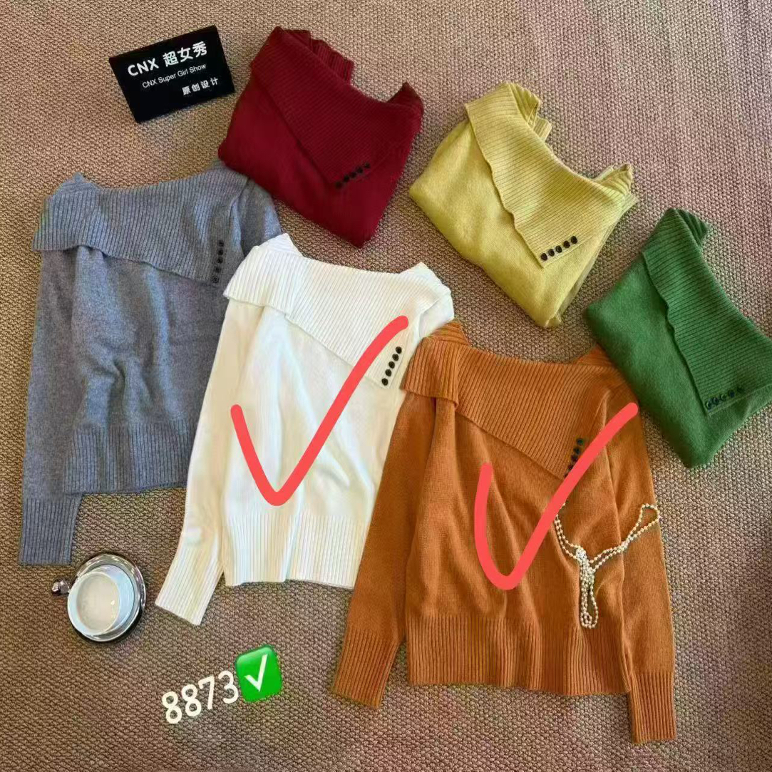 （衣长59左右）240韩版一字肩多扣翻领羊毛针织衫冬季新款洋气毛
