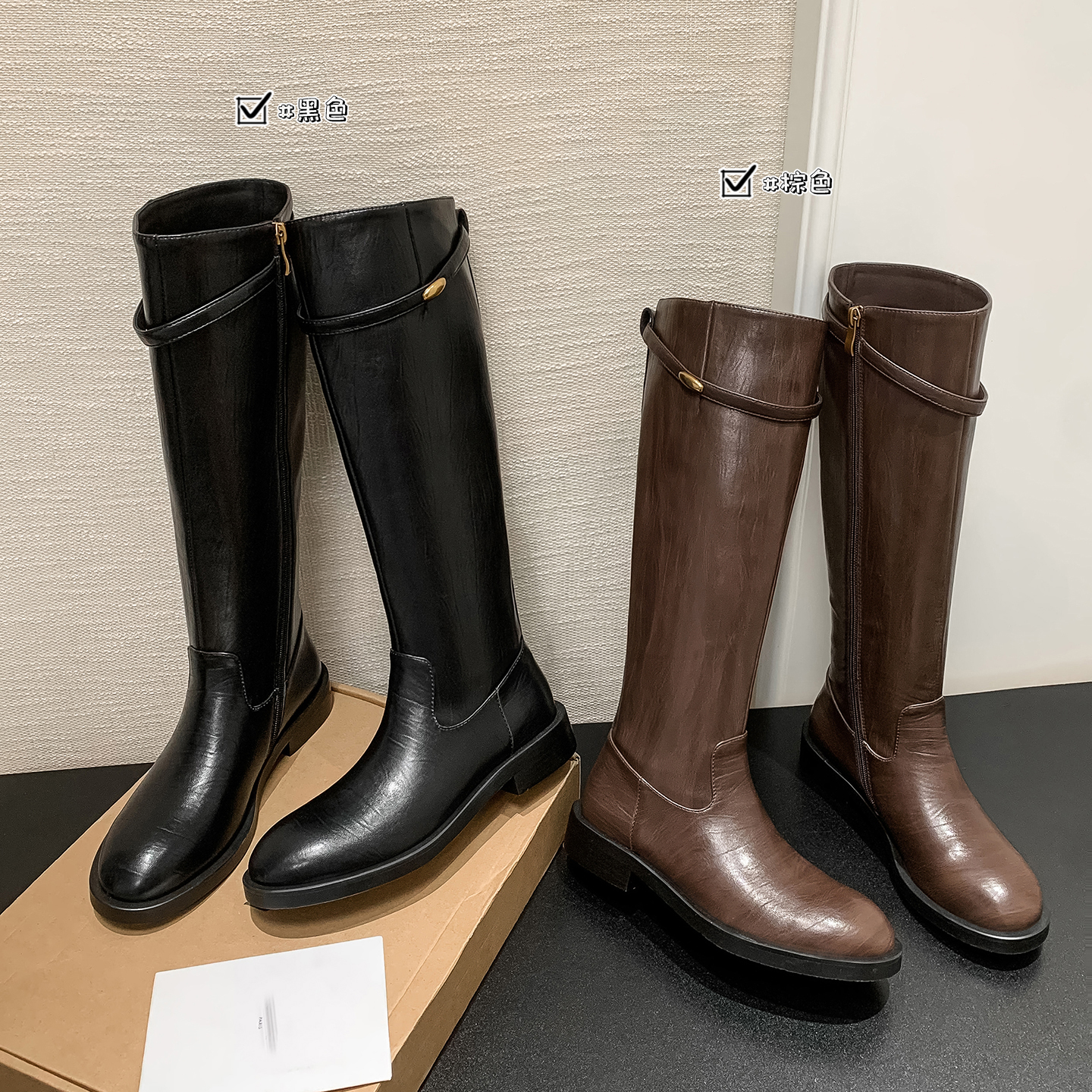 【骑士靴】牛皮3CM/筒高39-侧拉链真皮质感高筒靴百搭显瘦长靴新