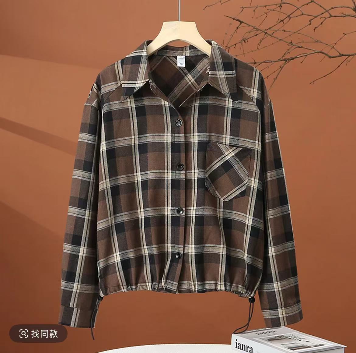 3866#下摆抽绳款格子衬衫上衣女休闲时尚百搭宽松短款洋气春秋