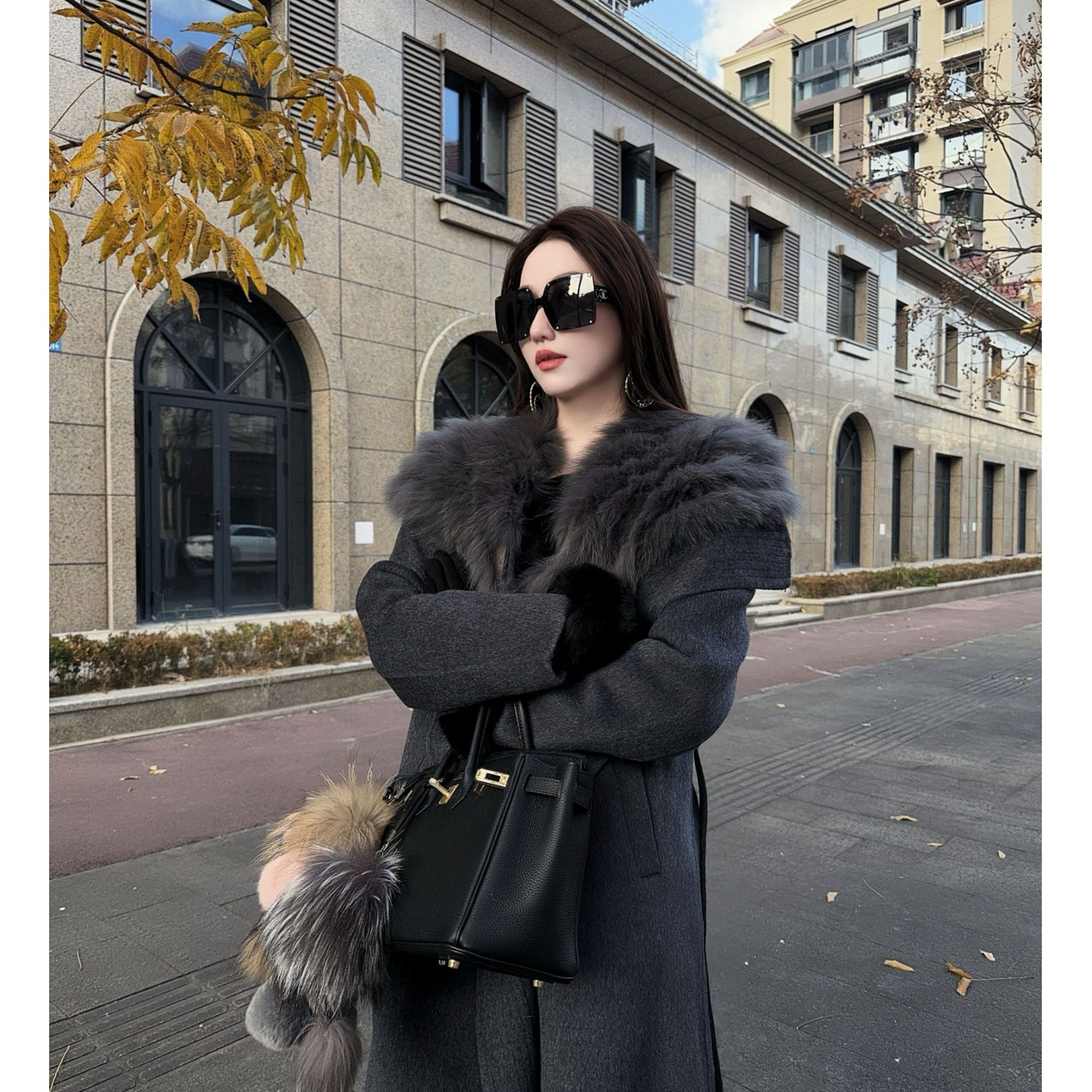 双面呢大翻毛毛领羊毛外套显瘦大长款气质时尚女人味大衣