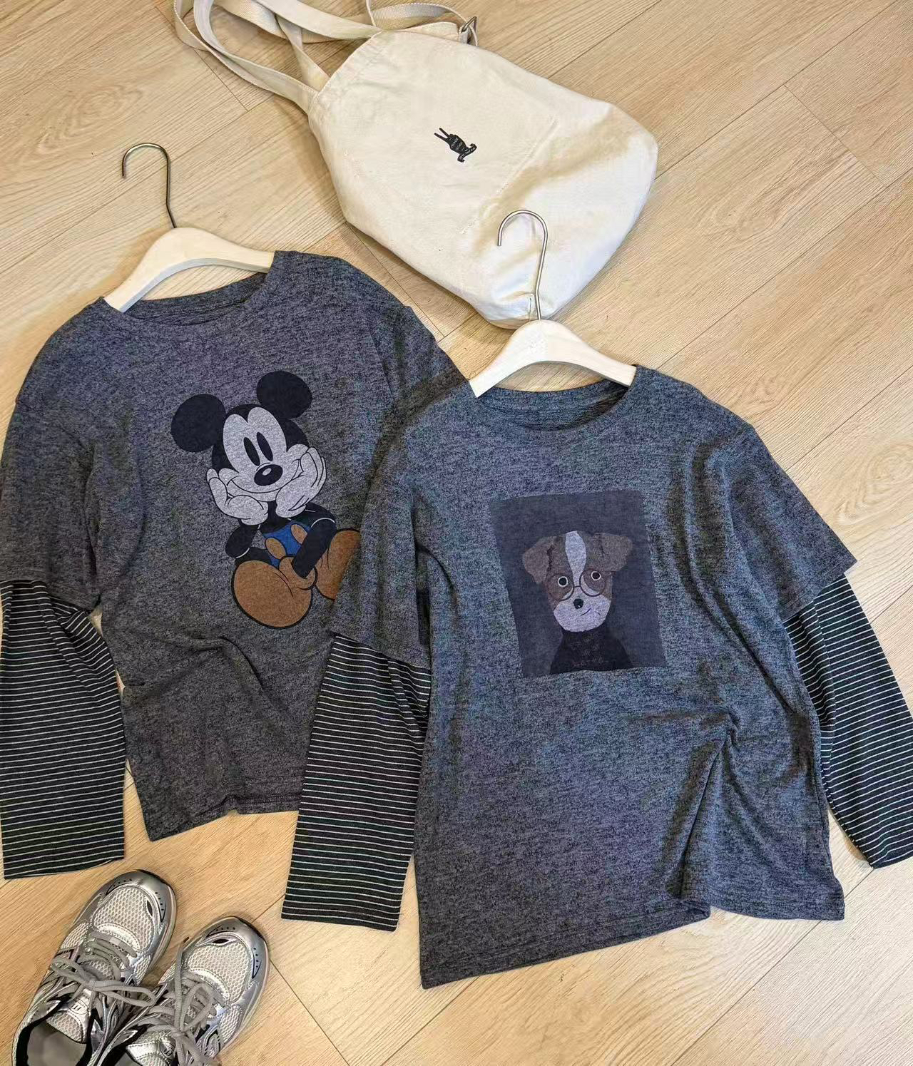 LQE#6672 时尚长袖针织灰色T恤撞色条纹字母韩版印花修身型 kc