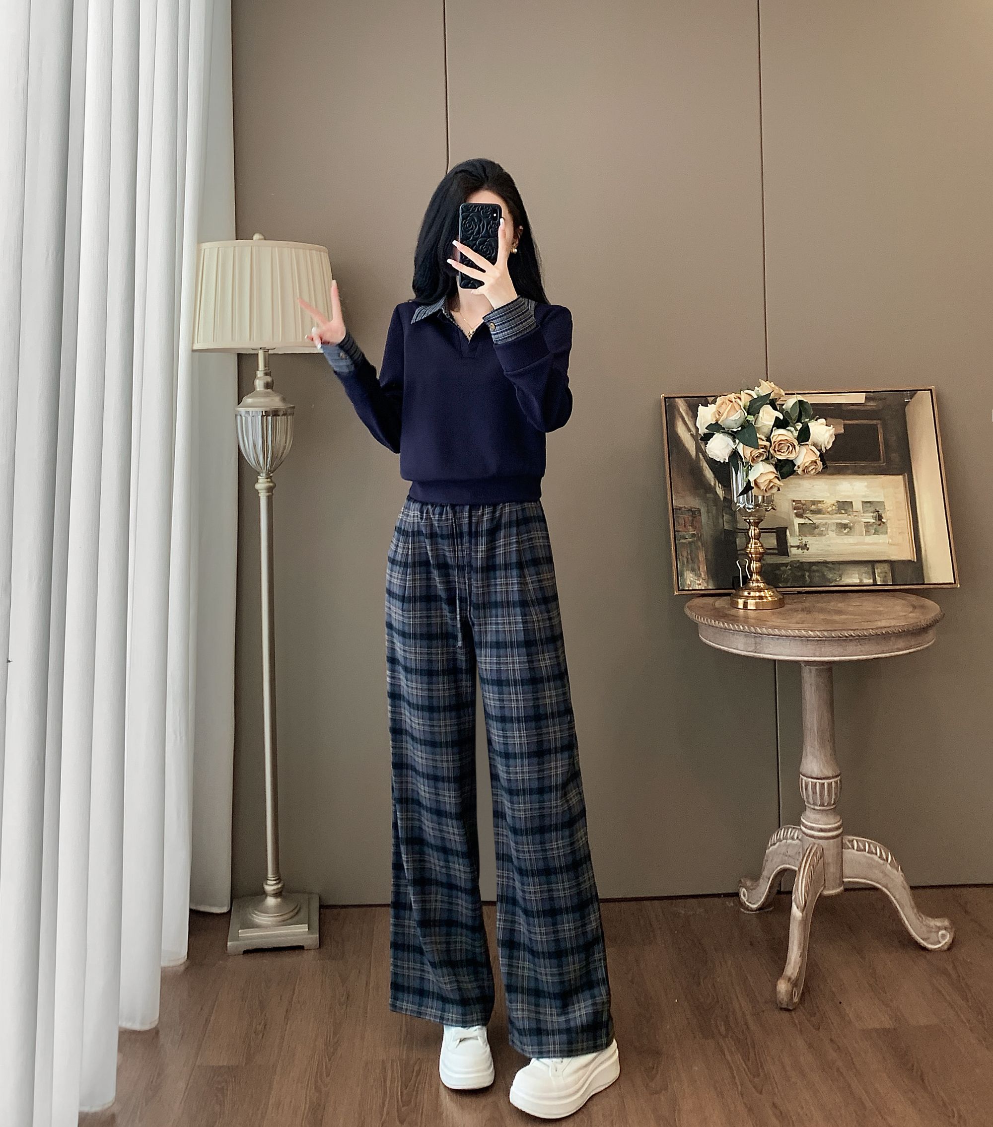 2025秋冬运动休闲修身格子褲显瘦百搭迷人时尚复古休闲裤宽松系列