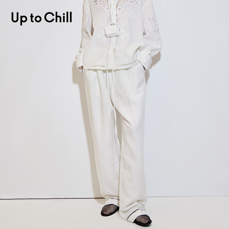 Up to Chill 白色宽松长筒腰部抽绳设计长裤25夏季新款 CWWS1K209