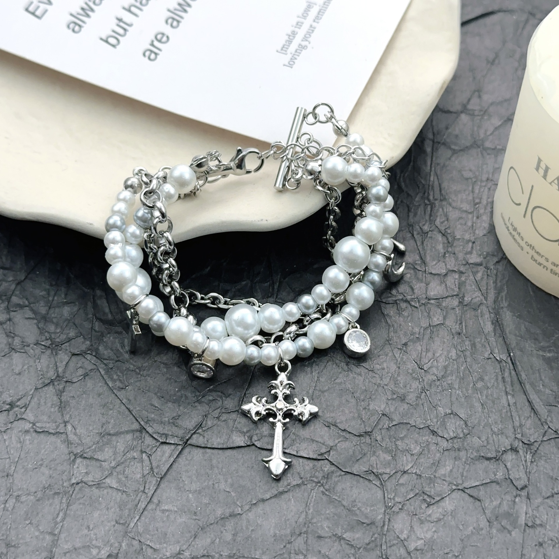 合金手链 S0003 辣妹珍珠多层美式十字架手链小众设计学生党手链