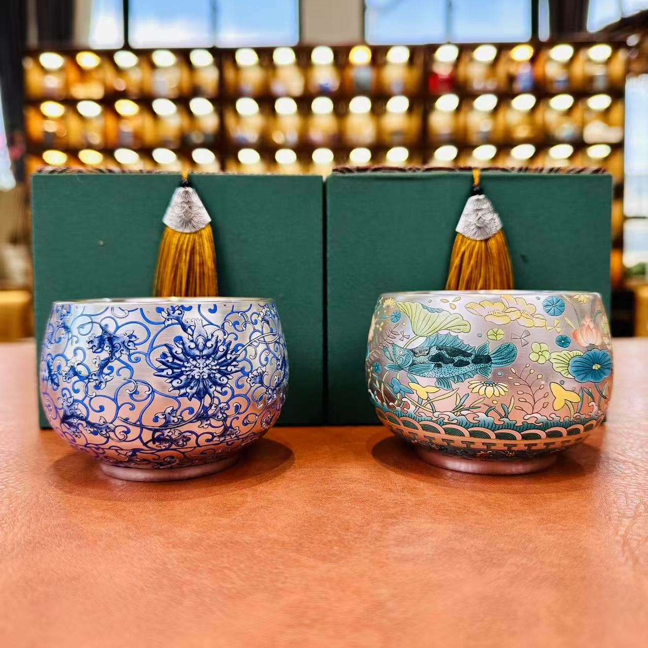 ZH1631-缠枝莲禅定鎏银银主人杯+鱼藻纹禅定鎏银银主人杯礼盒装