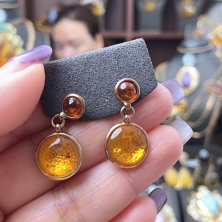 琥珀耳饰银S925镶嵌耳环