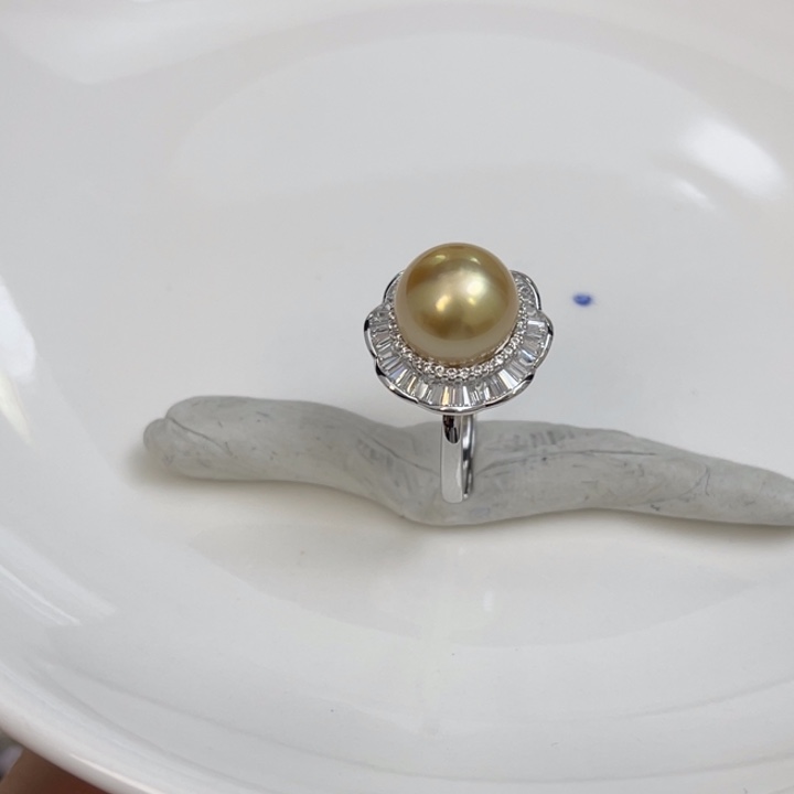 海水珍珠戒圈银S925镶嵌金珠戒指11-12mm