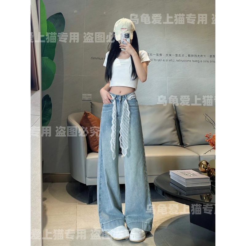 兮【现货+运费险】夏季薄款冰川蓝窄版阔腿高腰垂坠直筒牛仔裤女