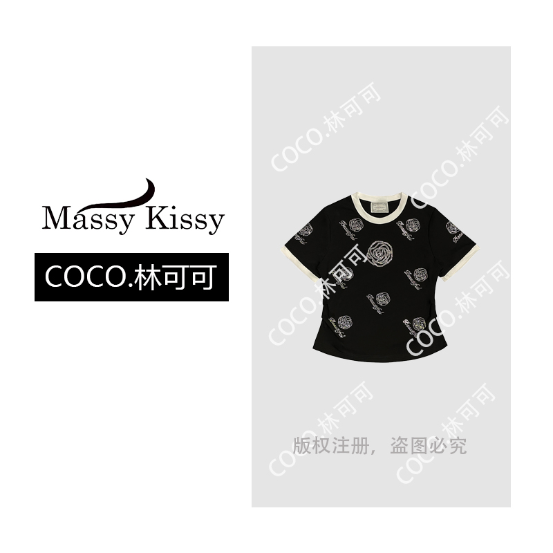 【COCO林可可】夏季时尚百搭高级黑色山茶花烫钻短袖9179
