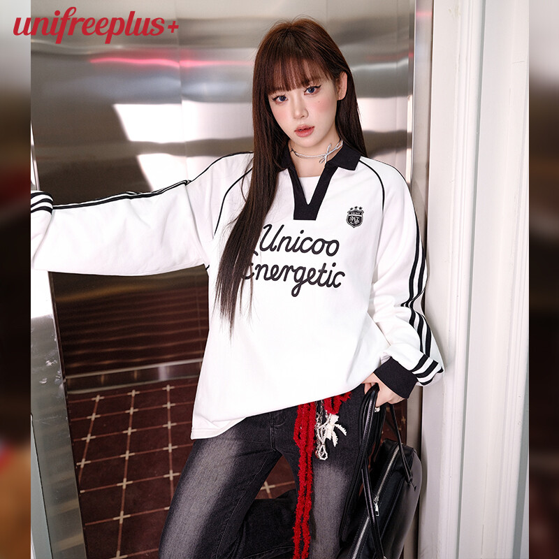 UNIFREEPLUS大码美式复古卫衣胖MM撞色宽松学院风宽松百搭上衣