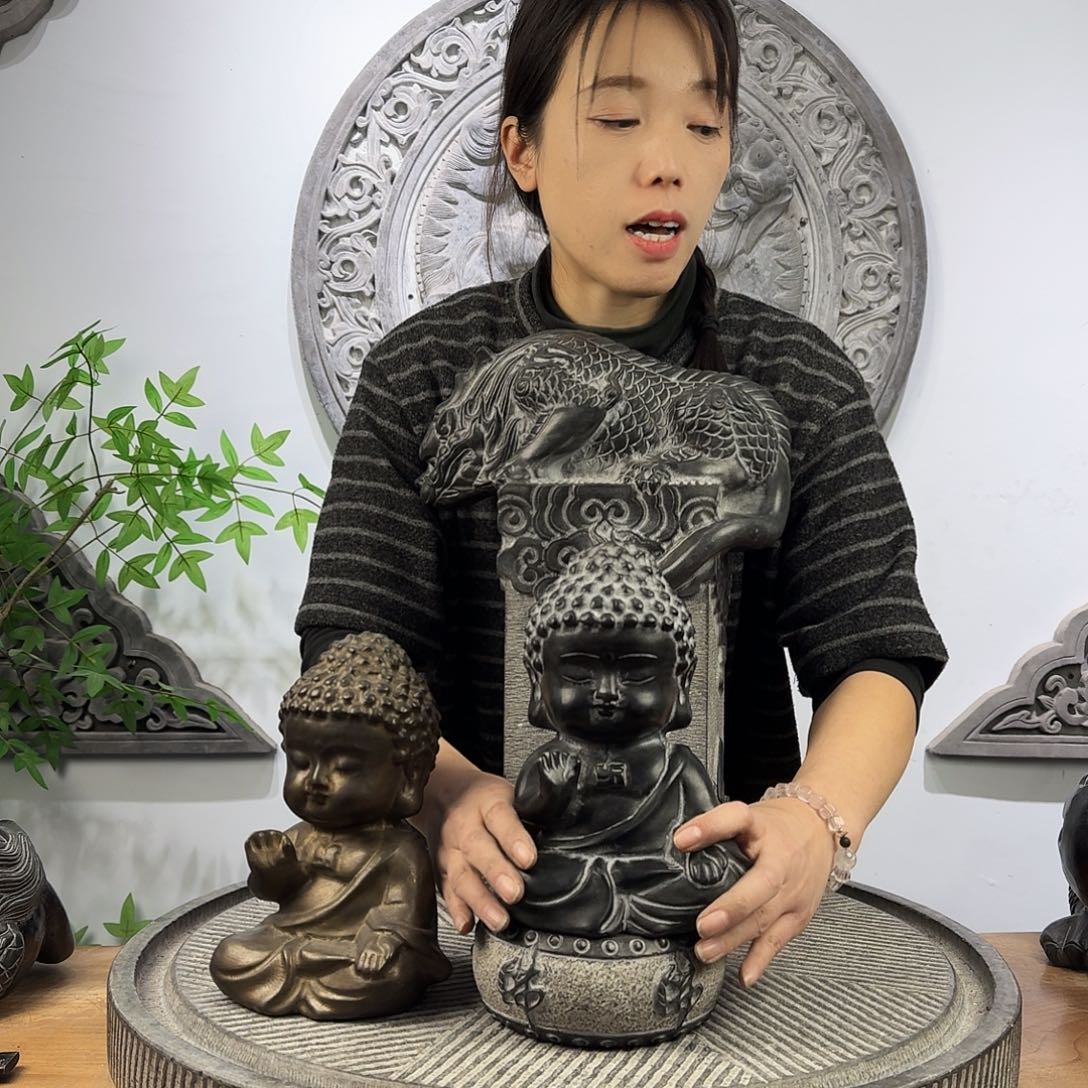 冯***的石材青石雕刻精工20厘米高宝宝佛加佛字底座一套