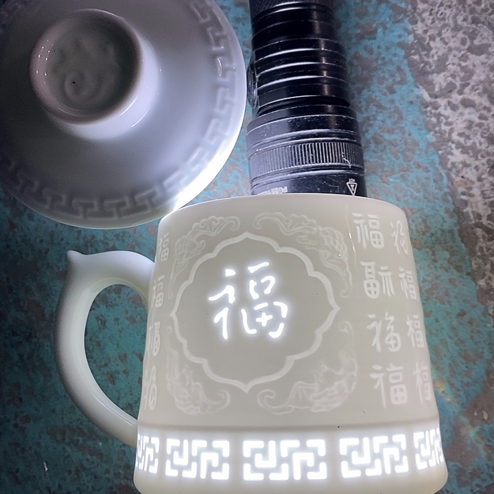 摆件陶绿稀土玲珑雕刻福字办公杯