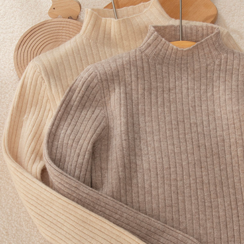 秋冬儿童纯羊毛衫抽条半高领加厚保暖上衣男女童针织打底内搭