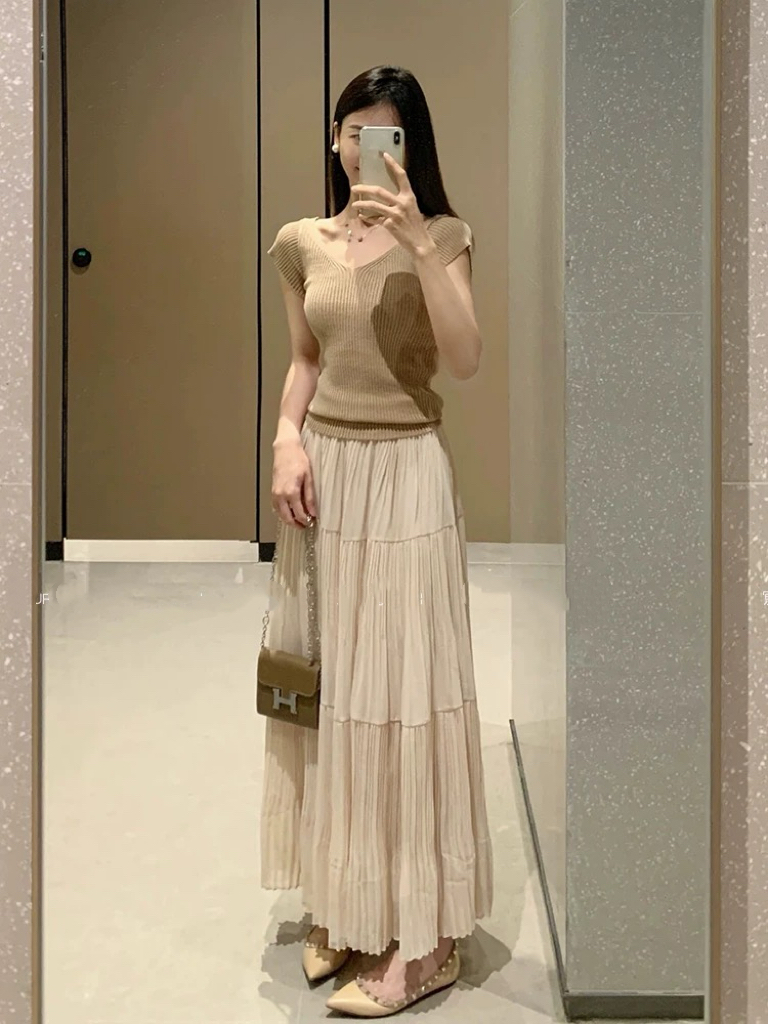 女装夏装搭配穿搭修身显瘦上衣+温柔风半身裙两件套装 1398 K