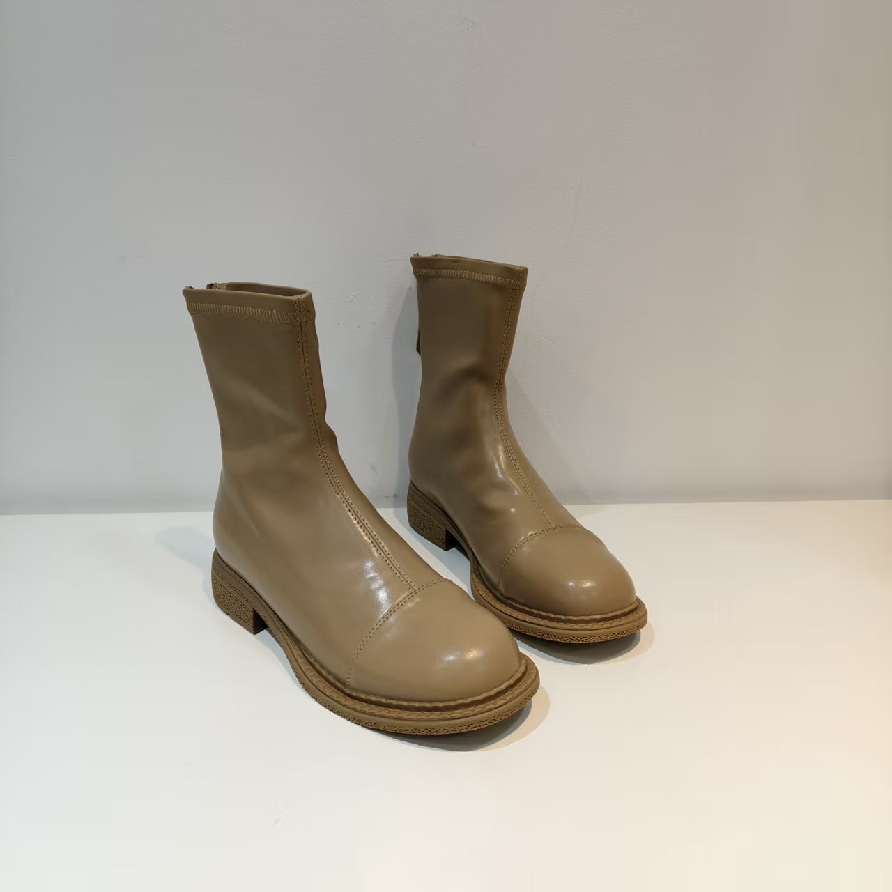 奶茶【单里】A816-5圆头系带短靴女鞋2025新款冬季时装短筒瘦瘦靴子