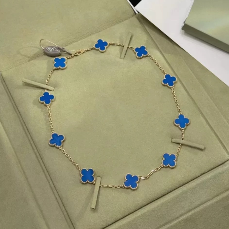 99新 梵克雅宝 小花6珊  Vca 蓝十花 蓝玛瑙 黄金 项链 23年