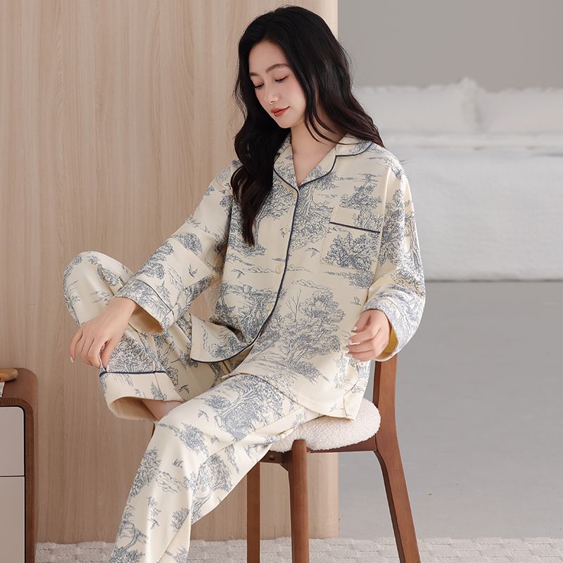 2025秋冬季纯棉舒适透气翻领带开衫睡衣女套装可爱可外穿家居服