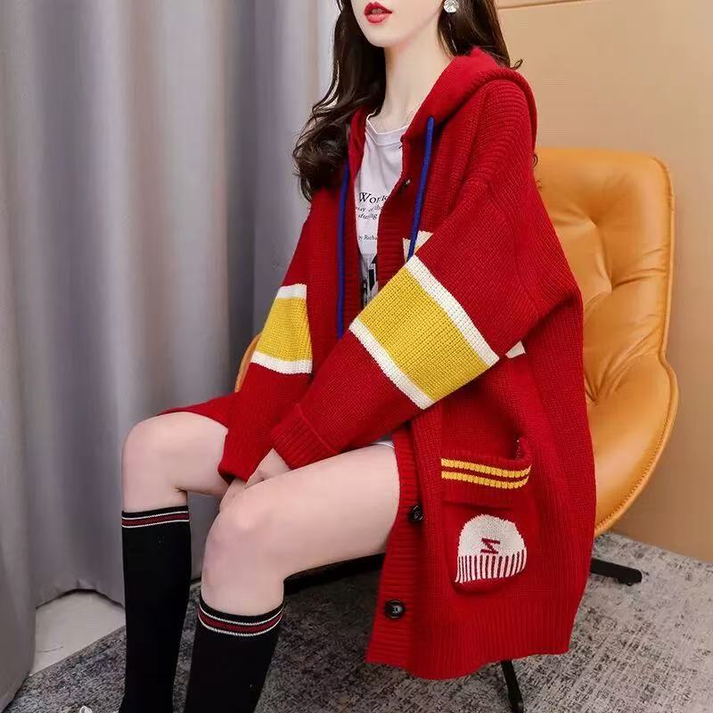 079新款女士百搭连帽长袖针织开衫