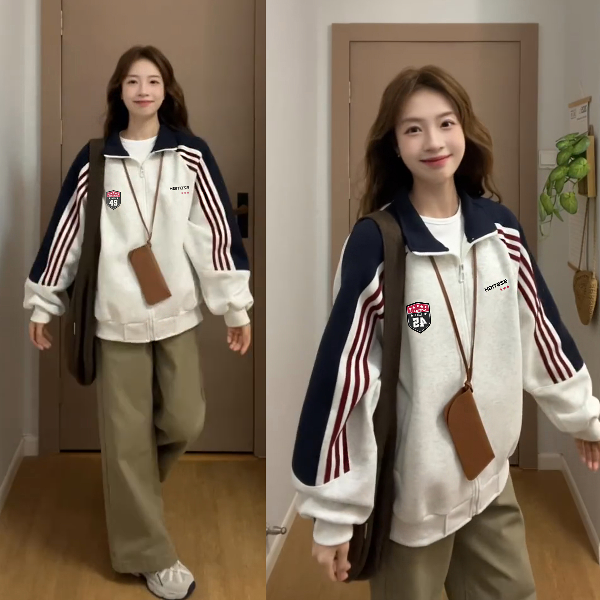 美式复古撞色条纹徽章字母立领卫衣外套女秋季学院风开衫运动上衣