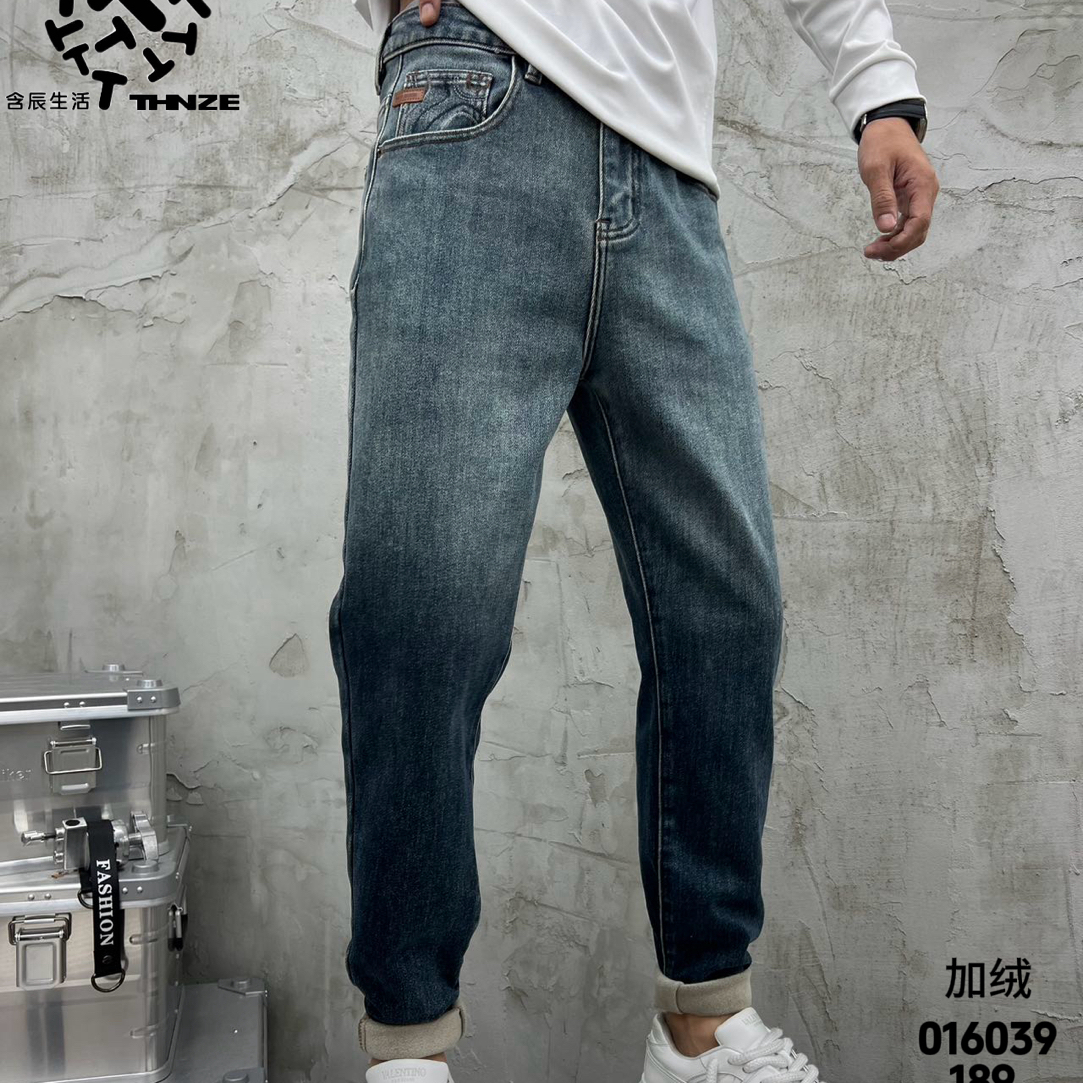 水洗2025磨毛修身男士蓝色小脚牛仔裤秋冬薄绒时尚加绒长裤016039