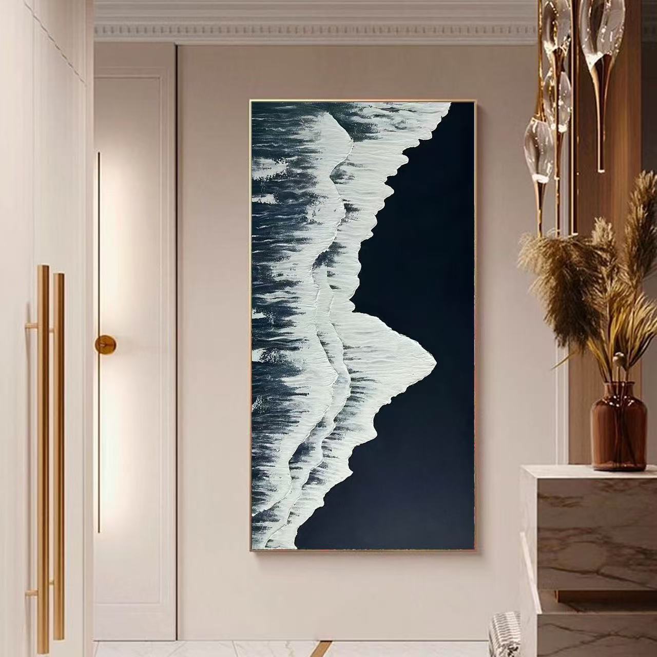 大幅黑白抽象客厅落地玄关肌理装饰画简约立体感海浪沙滩挂画