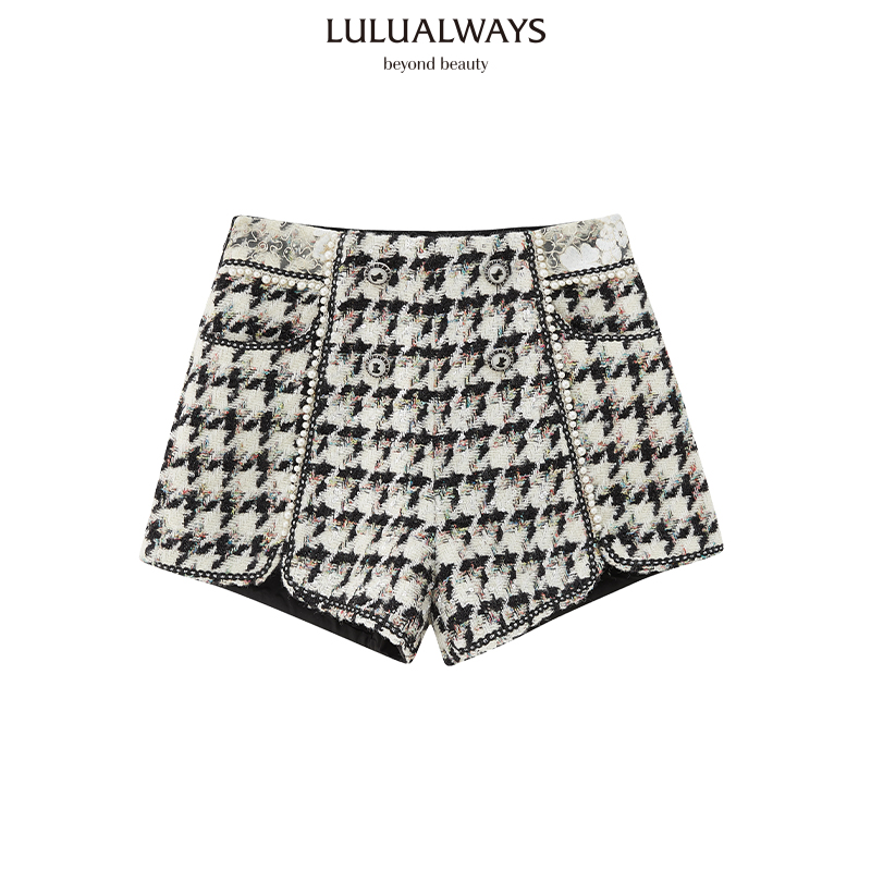 LULUALWAYS【商场同款】复古气质钉珠高腰显瘦小香风休闲裤短裤