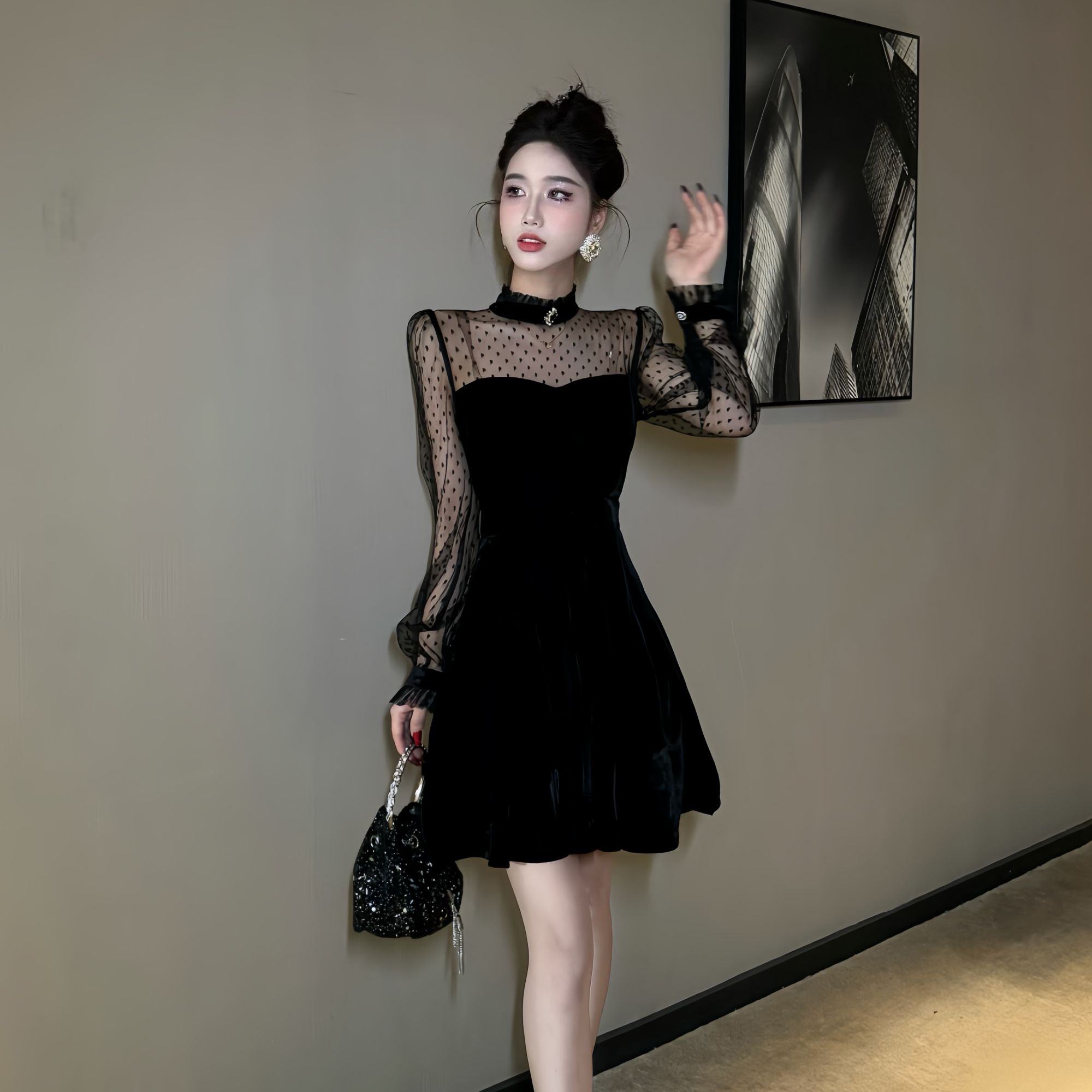 【时时原创】法式赫本风名媛蕾丝显瘦气质性感复古宴会连衣裙21445