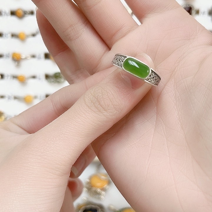 和田玉戒指银S925镶嵌天然