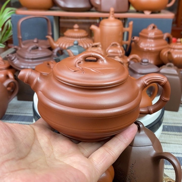 紫砂茶壶双线竹鼓260cc原矿红皮龙紫砂特价