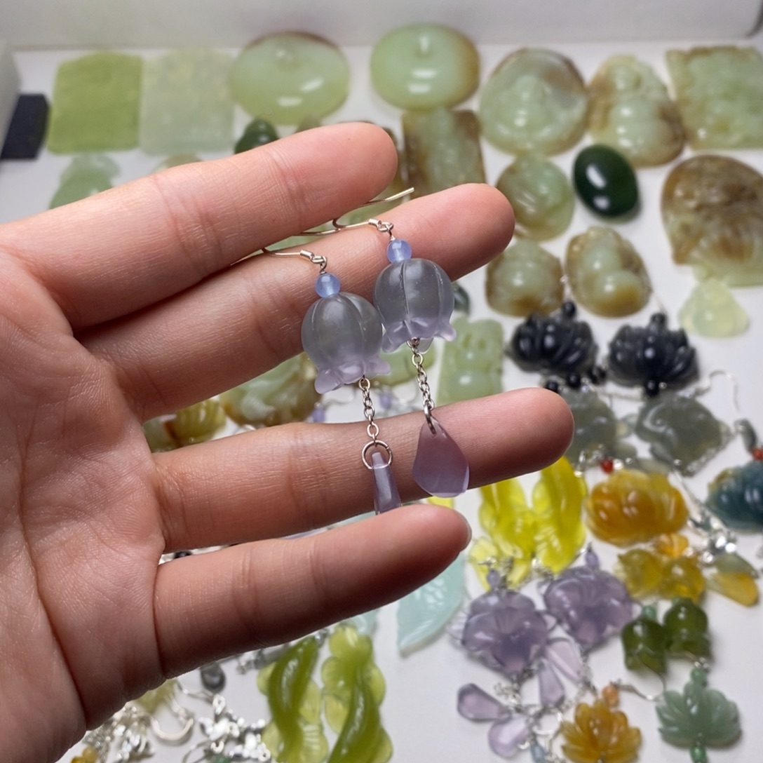 我***静蛇纹石玉合金耳饰/颈饰