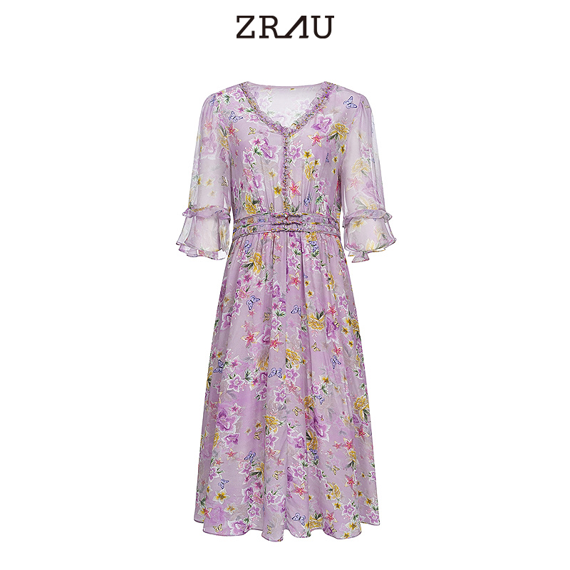 【达人专属】ZRAU静谧复古优雅藤萝紫新中式连衣裙Z1242L0067